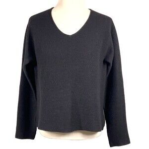 J Jill Cashmere Sweater Size S Black Ribbed Texture Boxy V-Neck Quiet Luxury